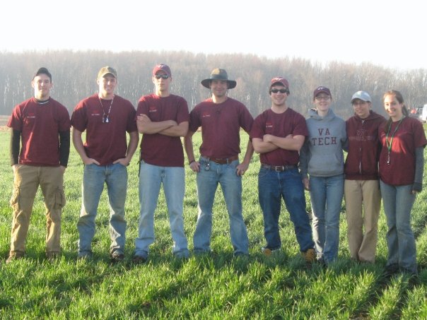 Virginia Tech Soil Judging Team members pictured from left to right: Keith Trent, Randy Cosby, Dan Johnson, Coach Nick Haus, Derik Cataldi, Heather Taylor, Hannah Clayton, and Nina O'Malley. Not pictured: Meagan Ormand and Coach John Galbraith.