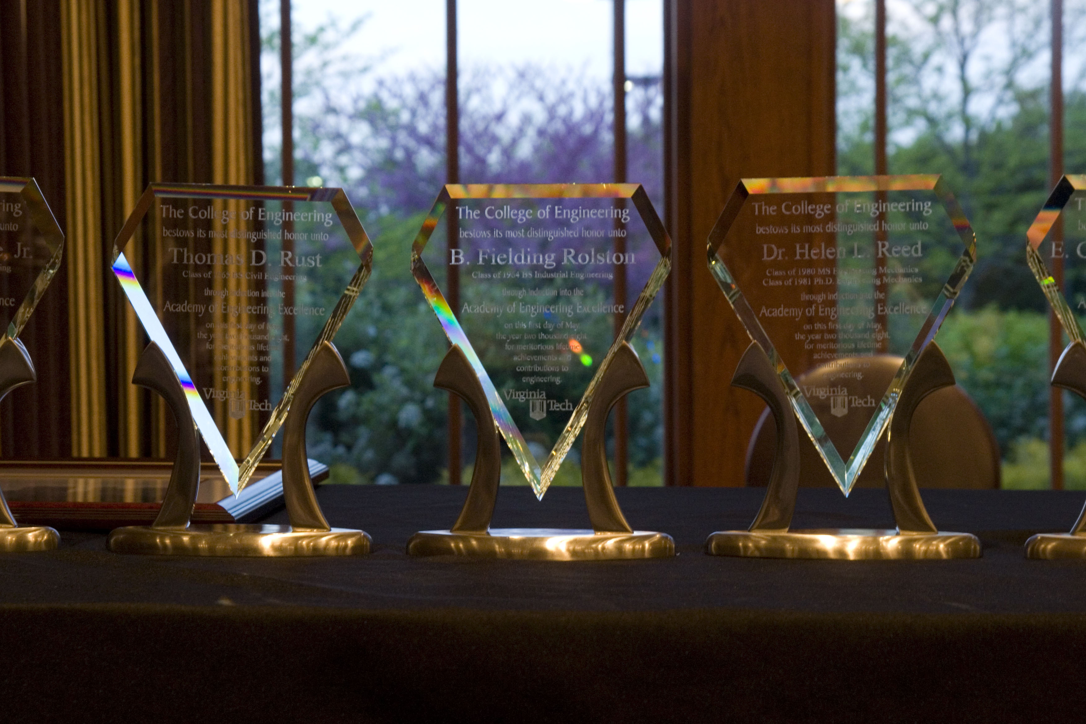 Each new member of the Virginia Tech Academy of Engineering Excellence is invited to an awards dinner. Family members and close friends are also invited to accompany each inductee, and a commemorative award is presented.