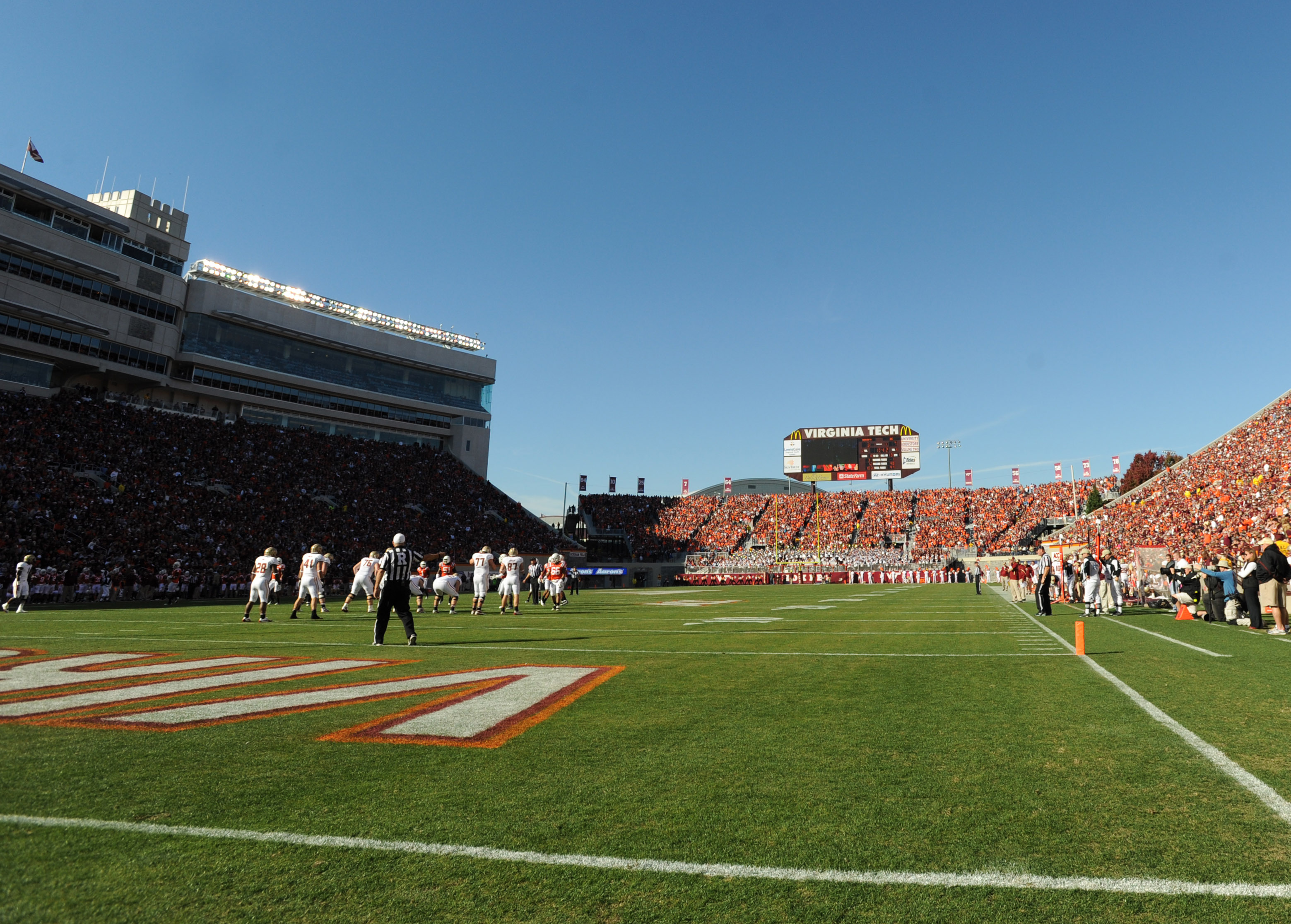 The football field surface at Virginia Tech is due to research by turfgrass specialists. 