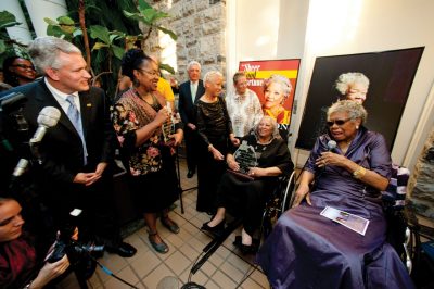 Joanne Gabbin of James Madison University, Robert Vaughan of the Virginia Foundation for the Humanities, and Virginia Tech’s Nikki Giovanni and Virginia Fowler welcomed Toni Morrison and Maya Angelou to campus.