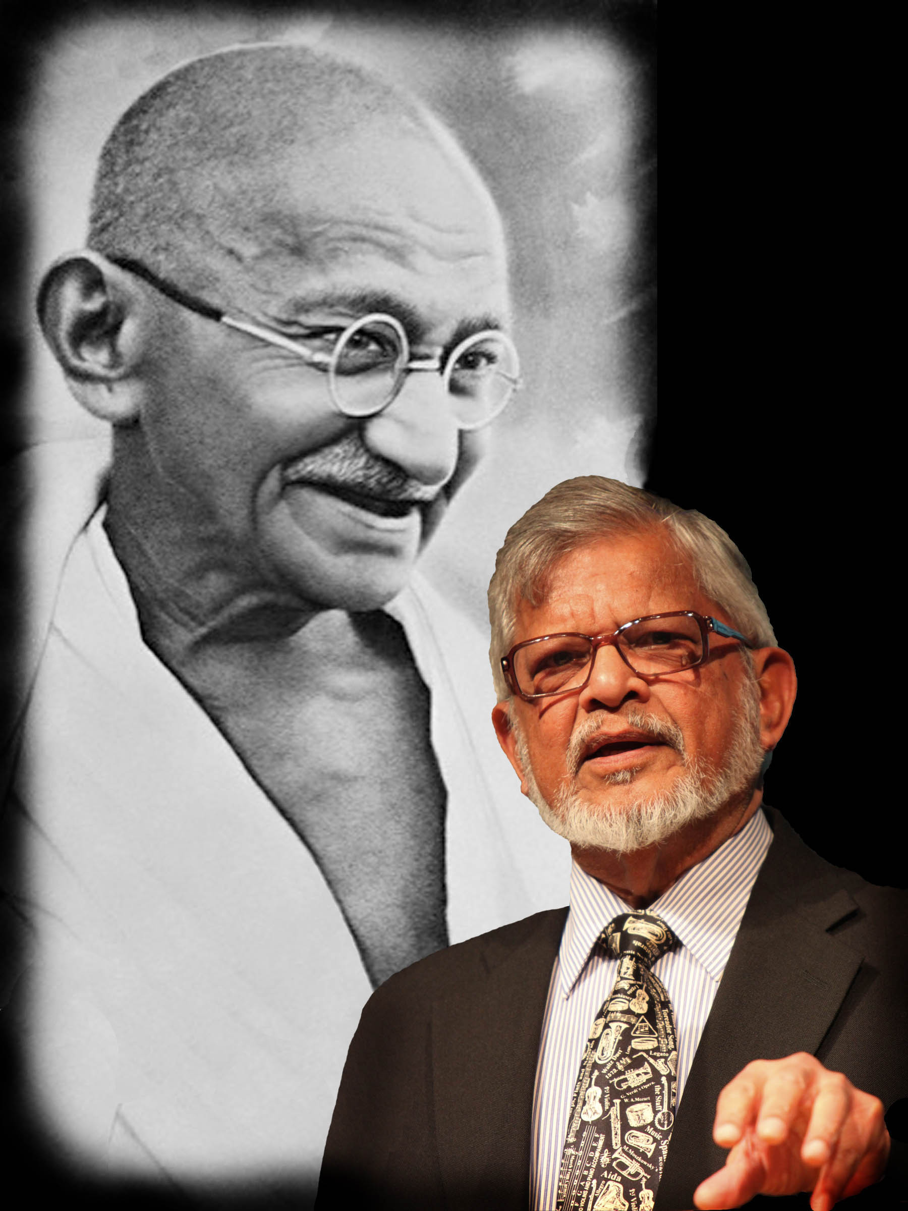 photo of Arun Gandhi with his grandfather, Mahatma K. Gandhi, in the background