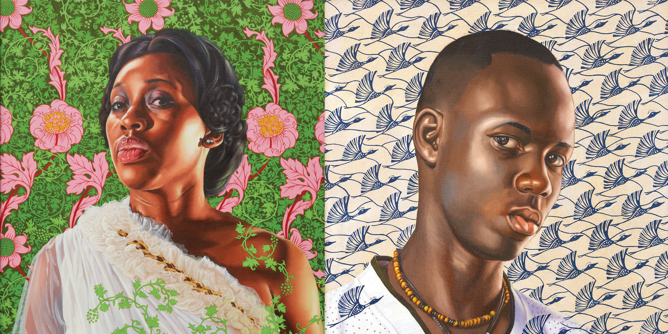 Two oil painting portraits on colorful patterned backgrounds.