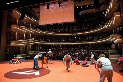 Virginia Tech wrestling onstage in the Moss Arts Center