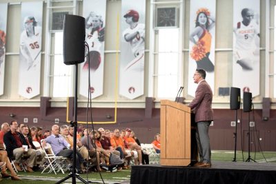Photograph of Virginia Tech President Timothy D. Sands at the dedication of the Indoor Practice Facility