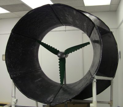 Ducted wind turbine shows novel blades, electromagnetic generator, and fiber composites developed at Virginia Tech.