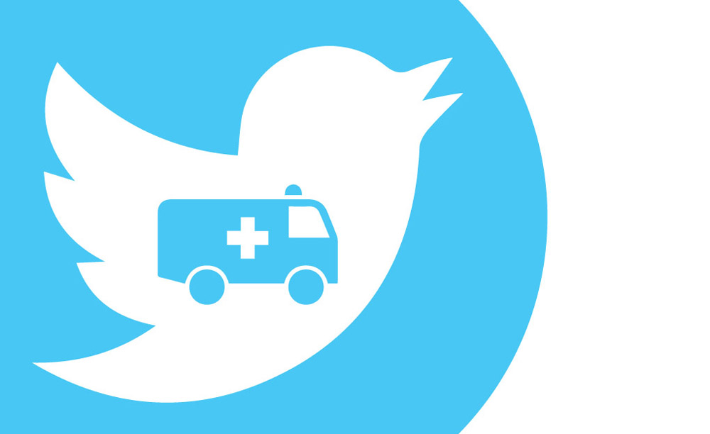 An ambulance is centered in the chest of the Twitter bird icon.